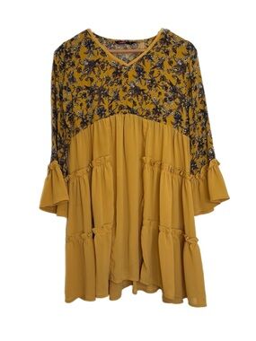 Red brand mustard yellow long sleeve oversized ruffle tier mini dress